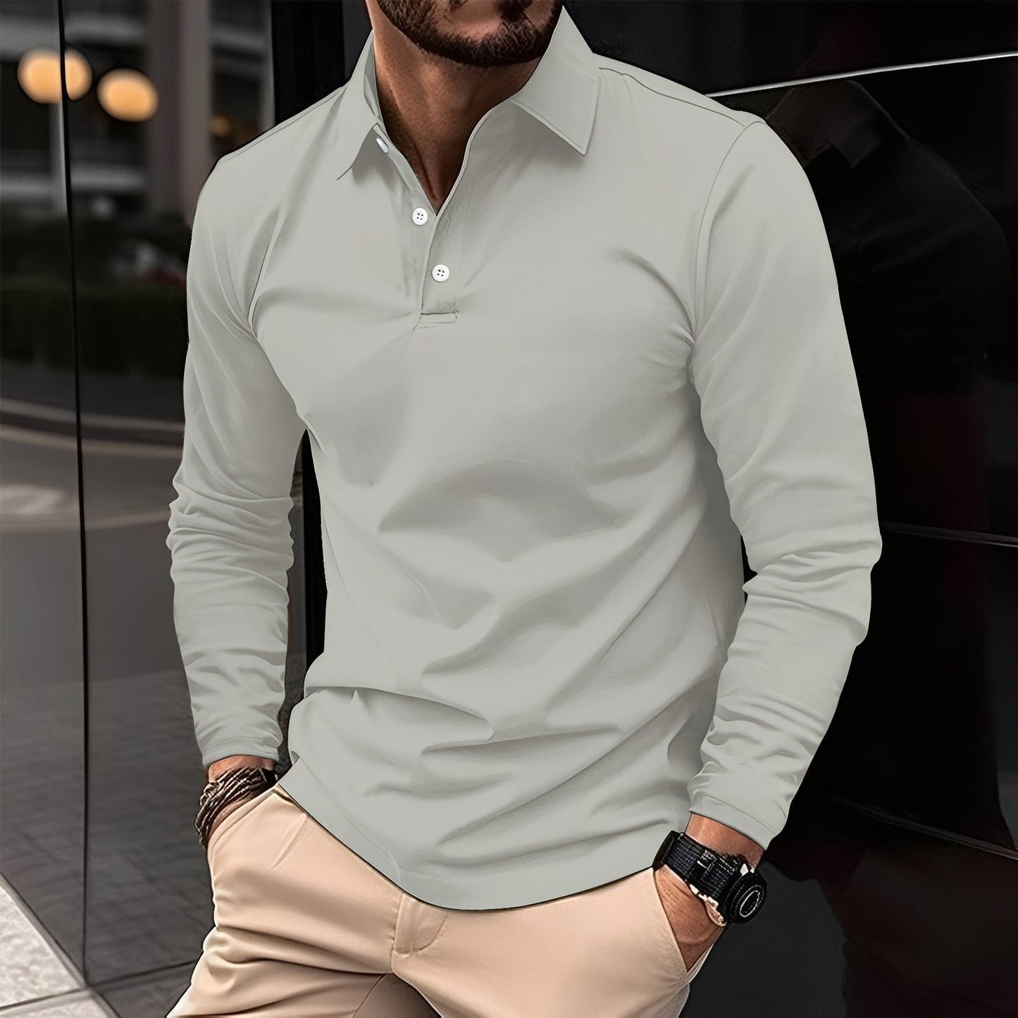 Dudley - Bequemes langärmeliges Männer-Poloshirt mit Knöpfen