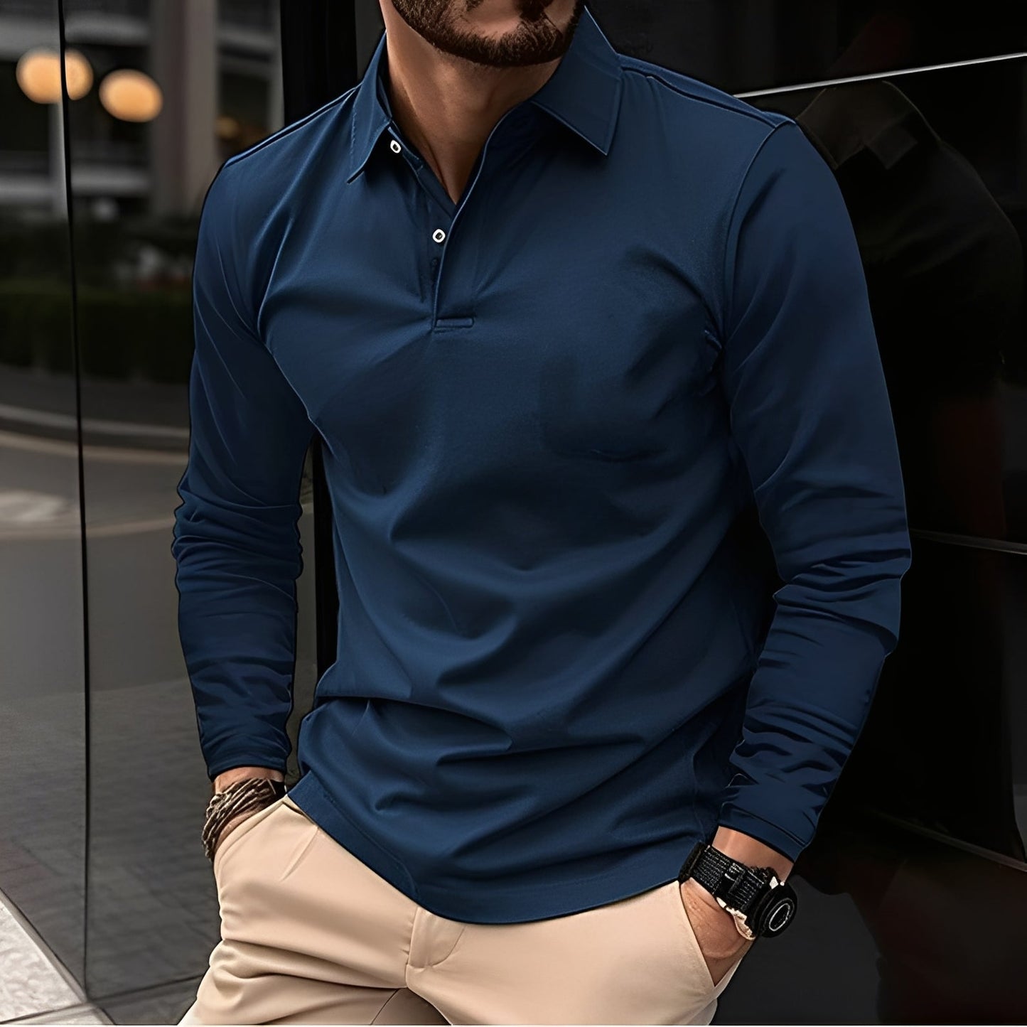 Dudley - Bequemes langärmeliges Männer-Poloshirt mit Knöpfen