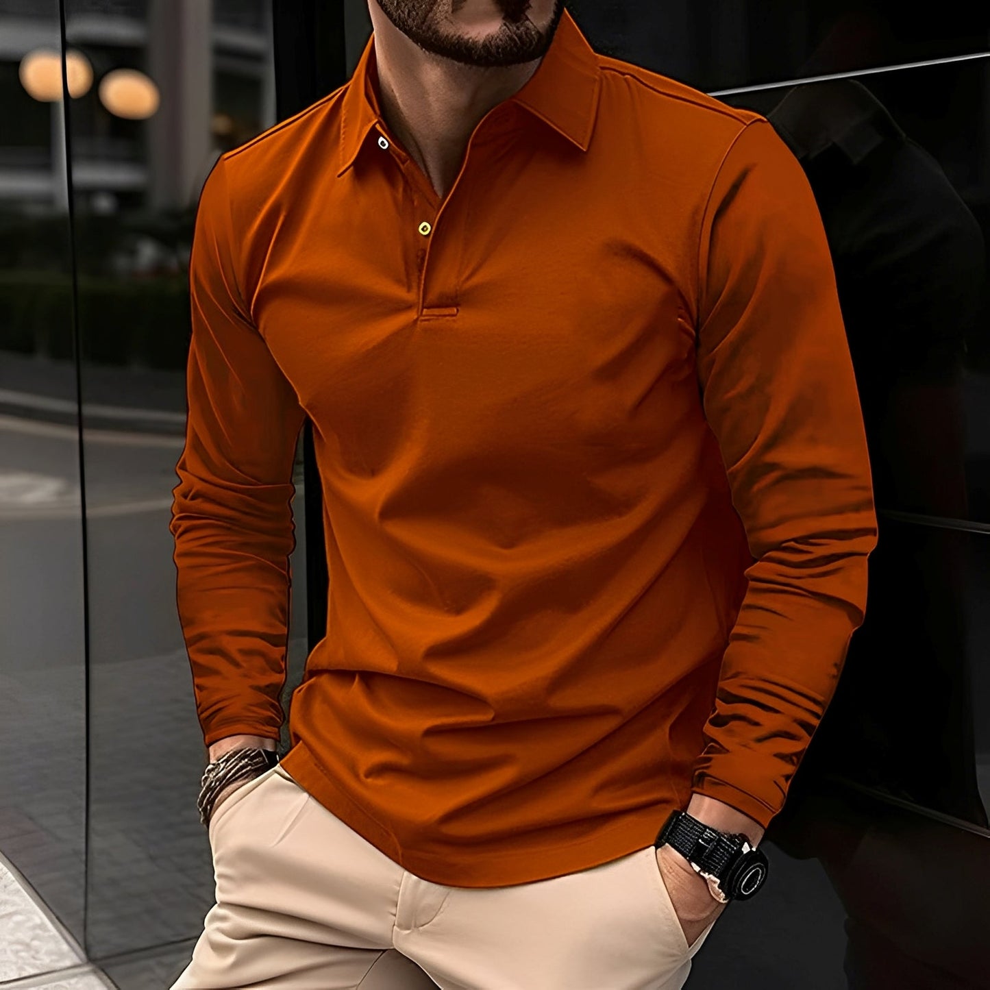 Dudley - Bequemes langärmeliges Männer-Poloshirt mit Knöpfen