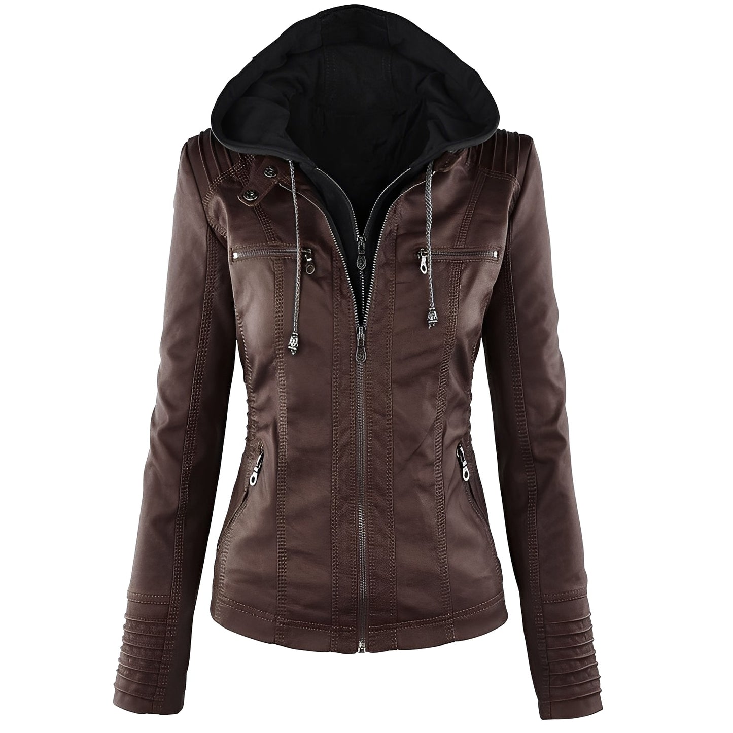 Janene - Bequeme, wasserdichte Lederjacke mit Kapuze für Damen