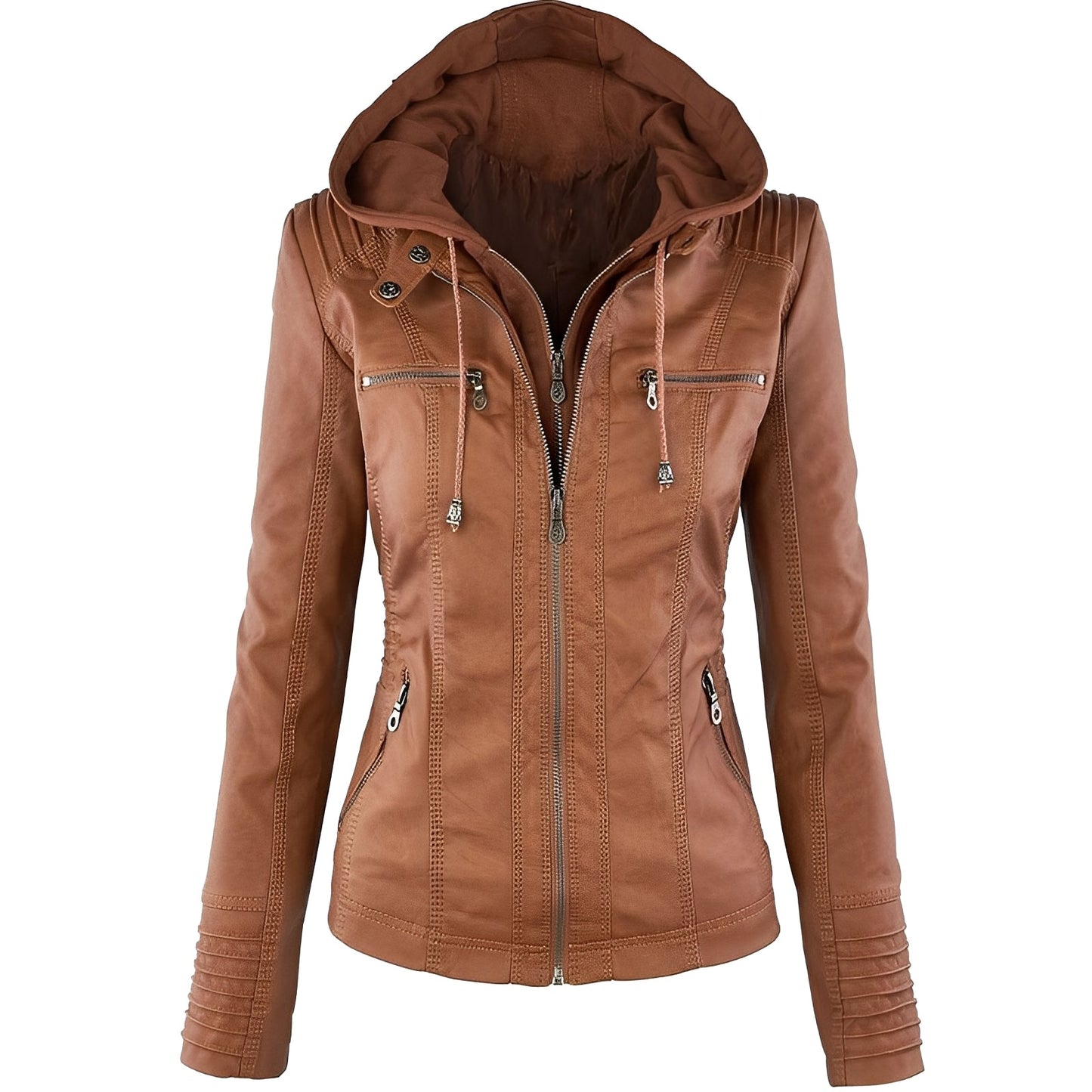 Janene - Bequeme, wasserdichte Lederjacke mit Kapuze für Damen