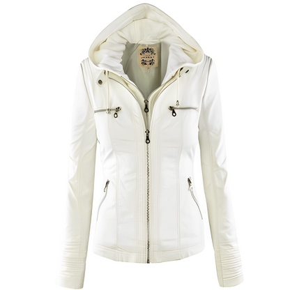 Janene - Bequeme, wasserdichte Lederjacke mit Kapuze für Damen