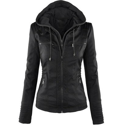 Janene - Bequeme, wasserdichte Lederjacke mit Kapuze für Damen
