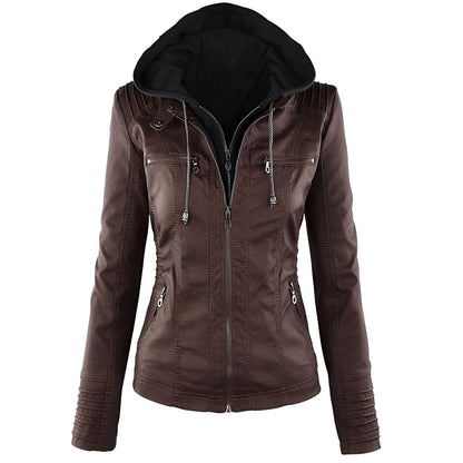 Janene - Bequeme, wasserdichte Lederjacke mit Kapuze für Damen